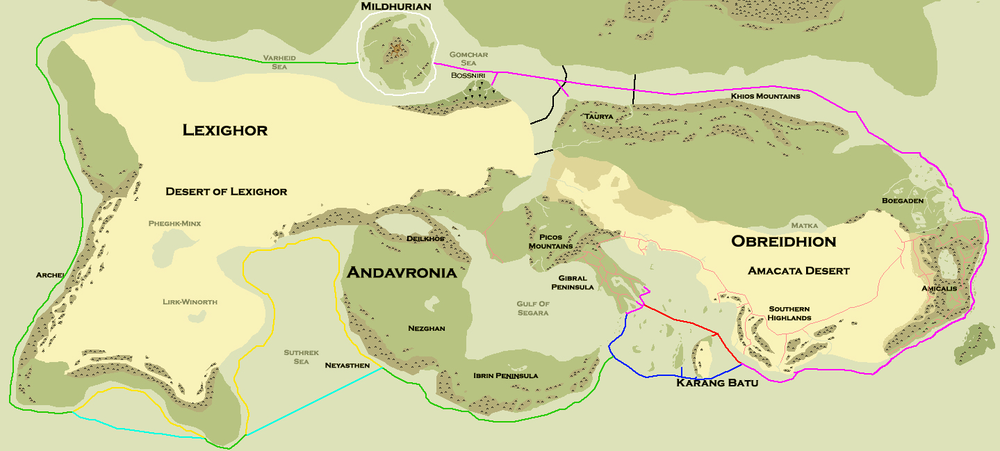 Map key: Gomchar Route (Purple), Deadman’s Shortcut (Red), Trans-Segaran Route (Blue), Varheid Route (Green), Suthrek Detour (Yellow), Terminal Gambit (Cyan), Railroads (Salmon)